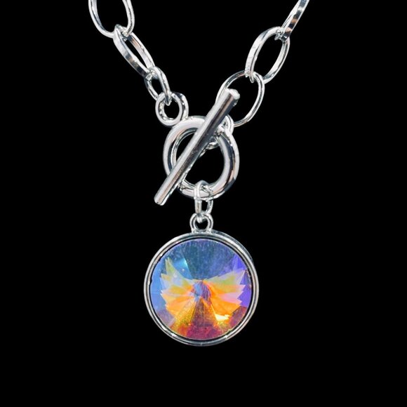 Rainbow Crystal Pendant Necklace And Earrings Set Silver Tone Toggle Clasp - Picture 6 of 9